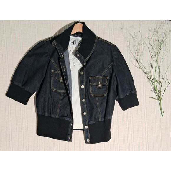 Y2k Denim Cropped Jacket Gold Stitching Ribbed Trim Short Sleeve Moto - Picture 13 of 17